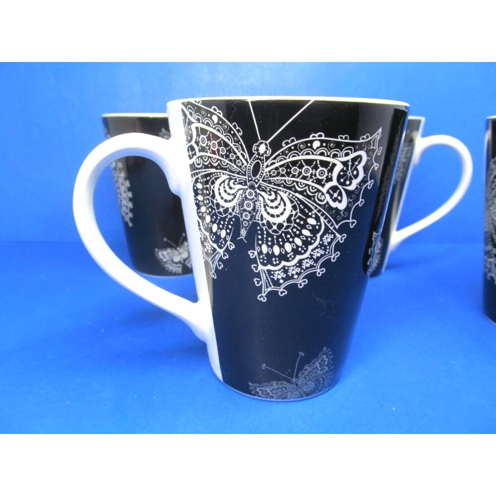 Roscher Butterfly Lace Collection Set Of 4 White On Black 4 1/2" Tall Cups Mugs